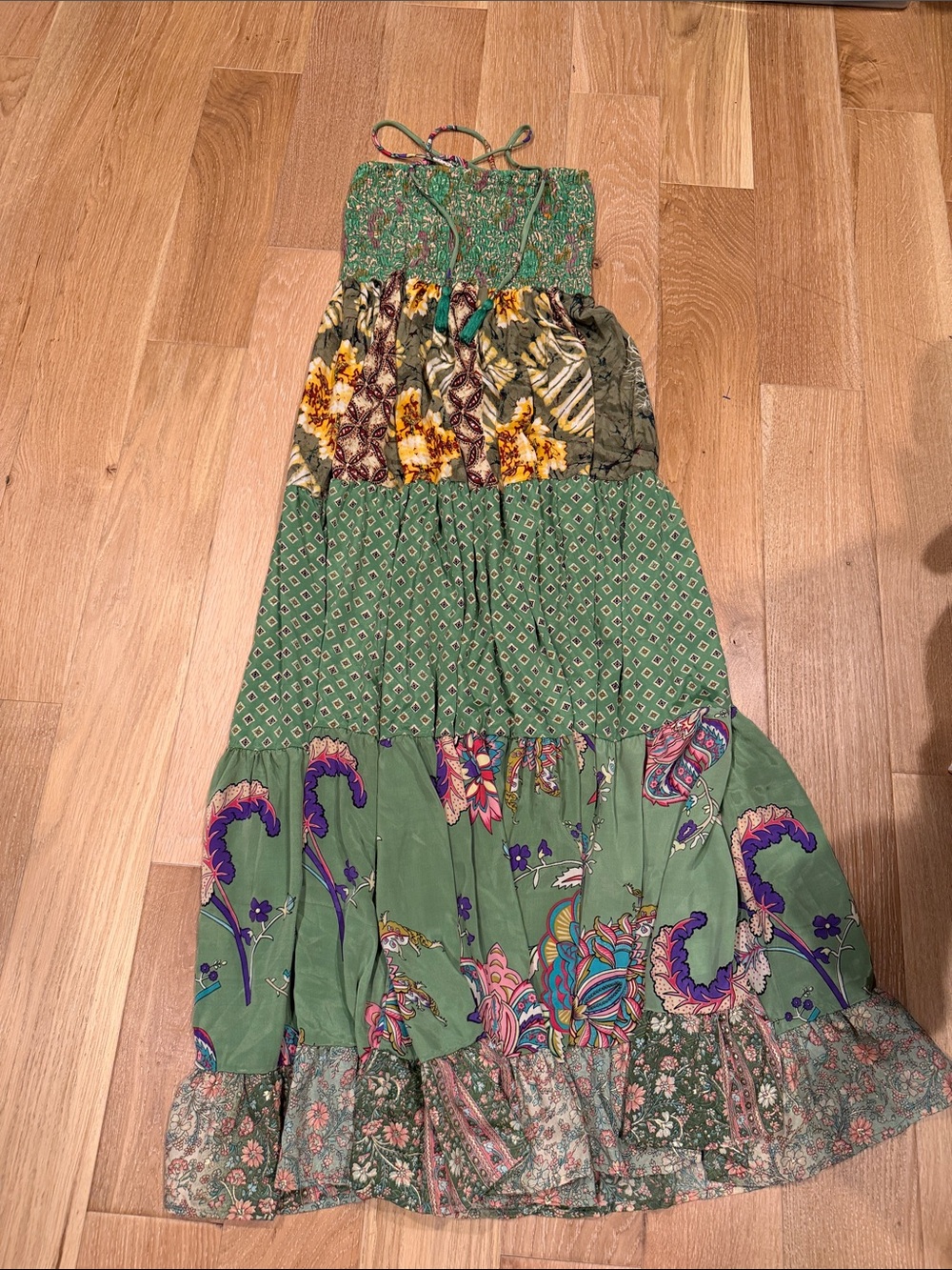 Karma Highway Green Floral Patchwork Maxi Dress with Smocked Bodice tie neck OS